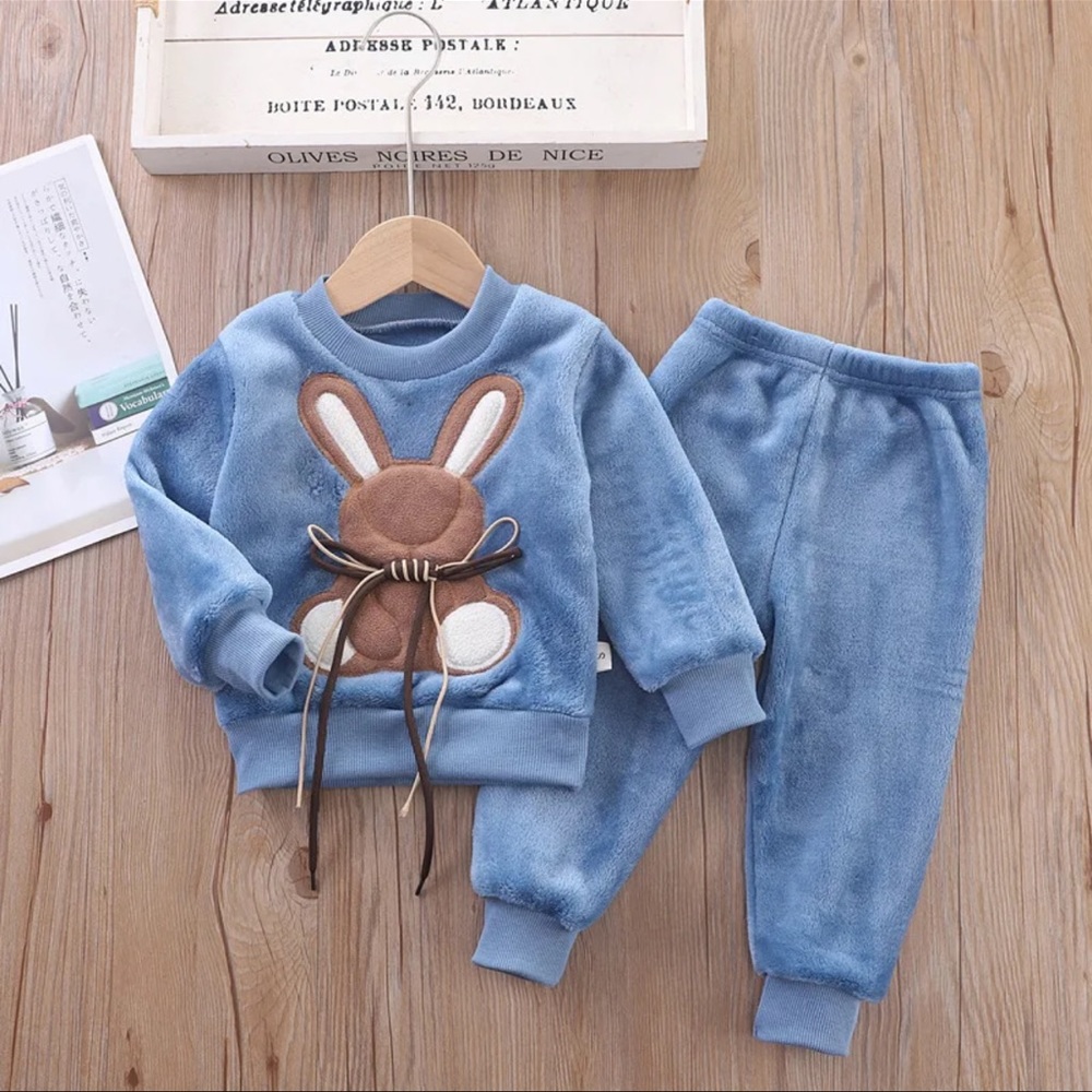 New BLUE Fleece Children's Hooded Outerwear Top + Pants 2 pcs Warm SET